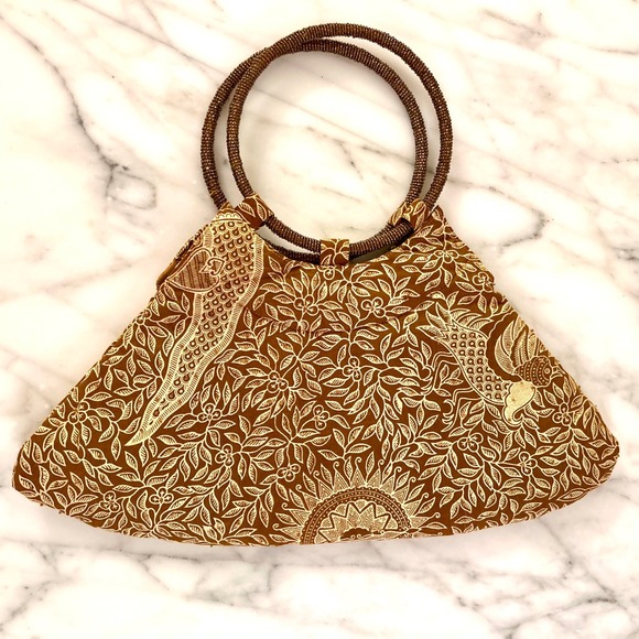 Artisan Handbags - Brown Gold‎ Batik Print Beaded Handle Beaded Bag Purse Women